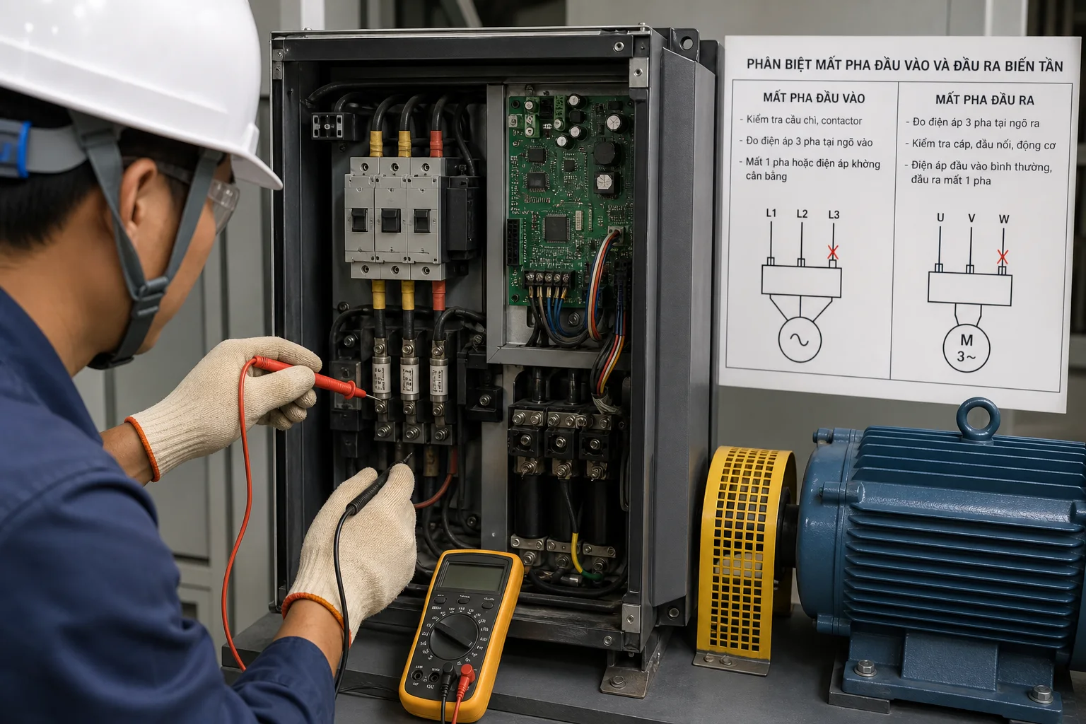 Kiểm tra cầu chì, contactor và chỉnh lưu khi nghi mất pha đầu vào