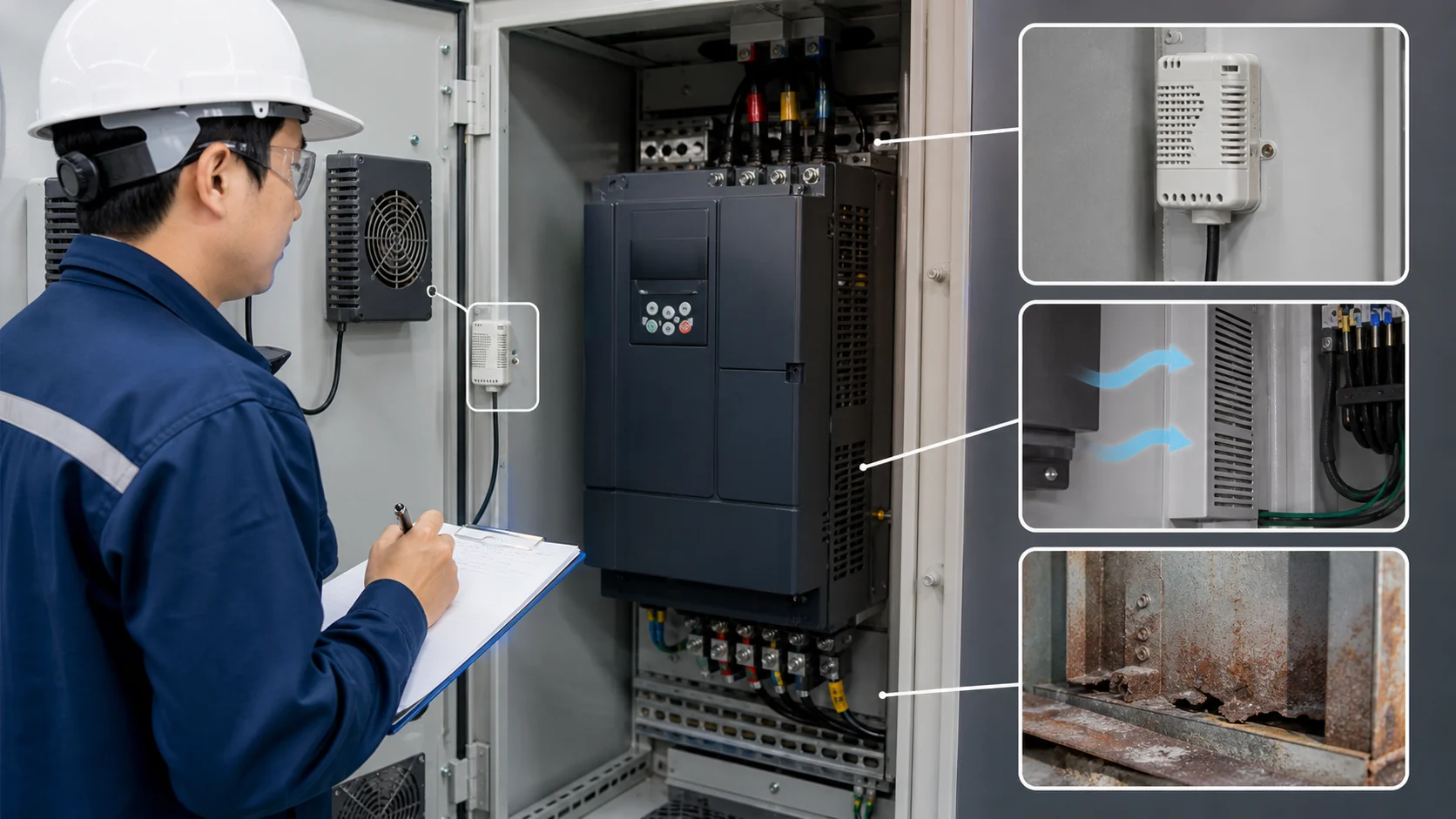 Đánh giá luồng khí, độ ẩm và dấu hiệu ăn mòn trong tủ điện.