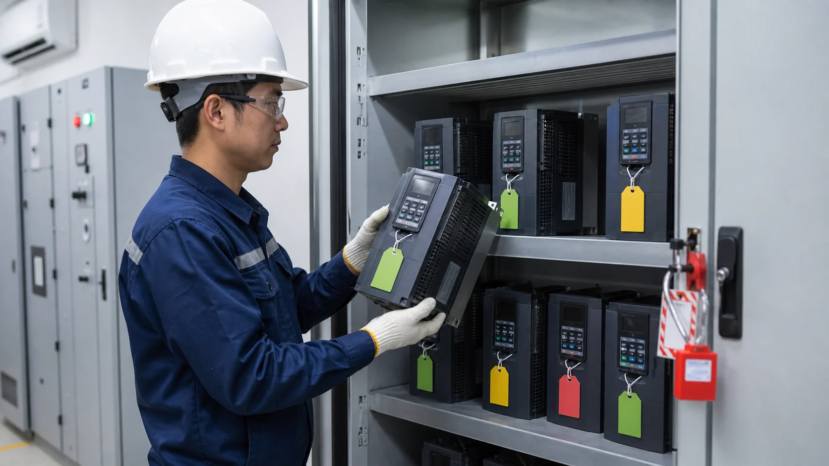 Sắp xếp thiết bị dự phòng theo chu kỳ kiểm tra bằng thẻ màu không ghi thông số.