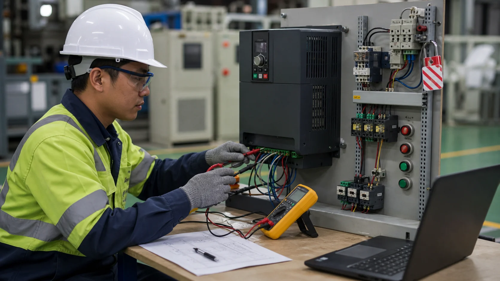 Thử tín hiệu analog, relay và truyền thông trên bảng mô phỏng an toàn.