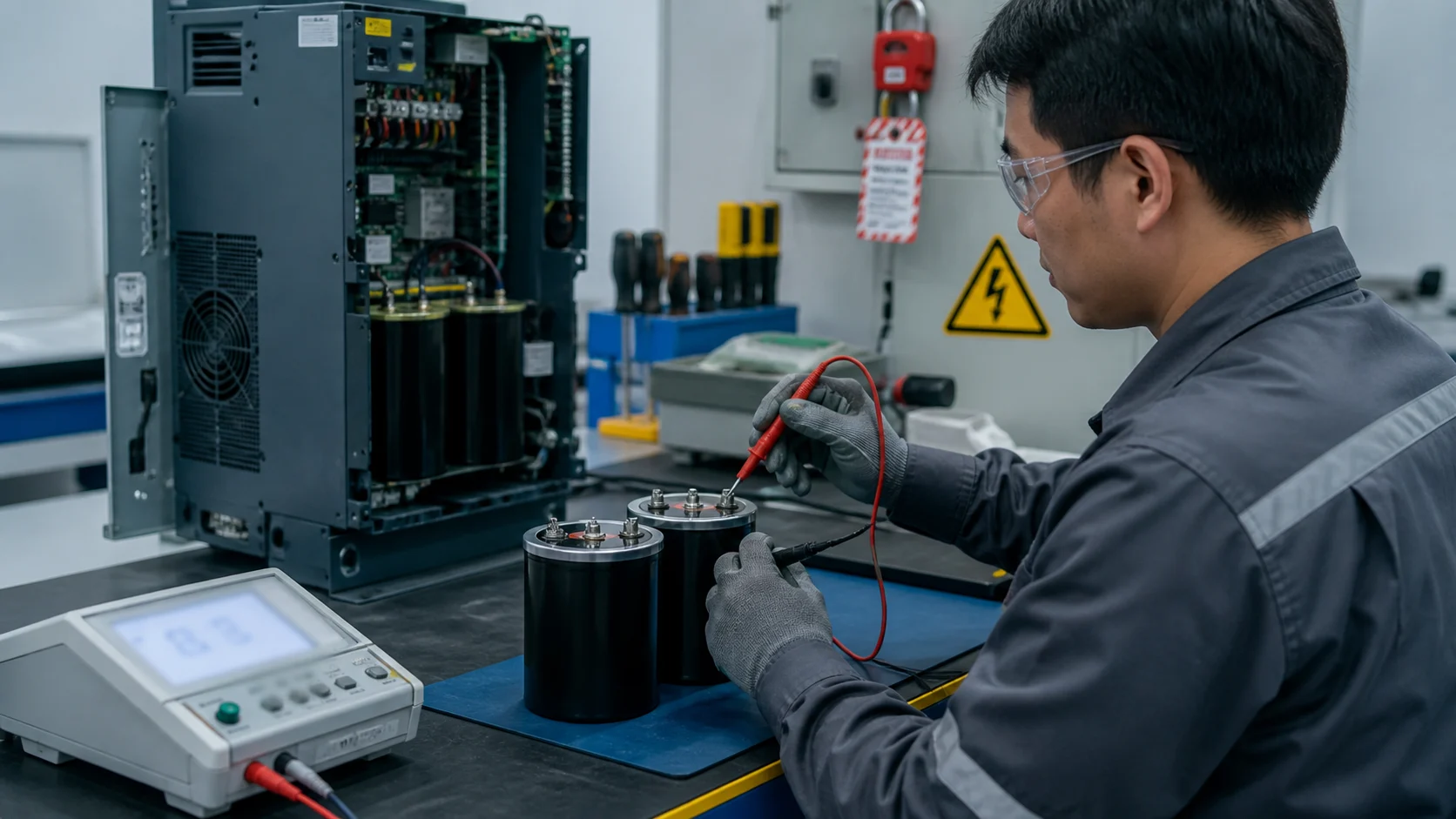 Đo tụ DC bus đã tháo rời trên bàn thao tác chống tĩnh điện.