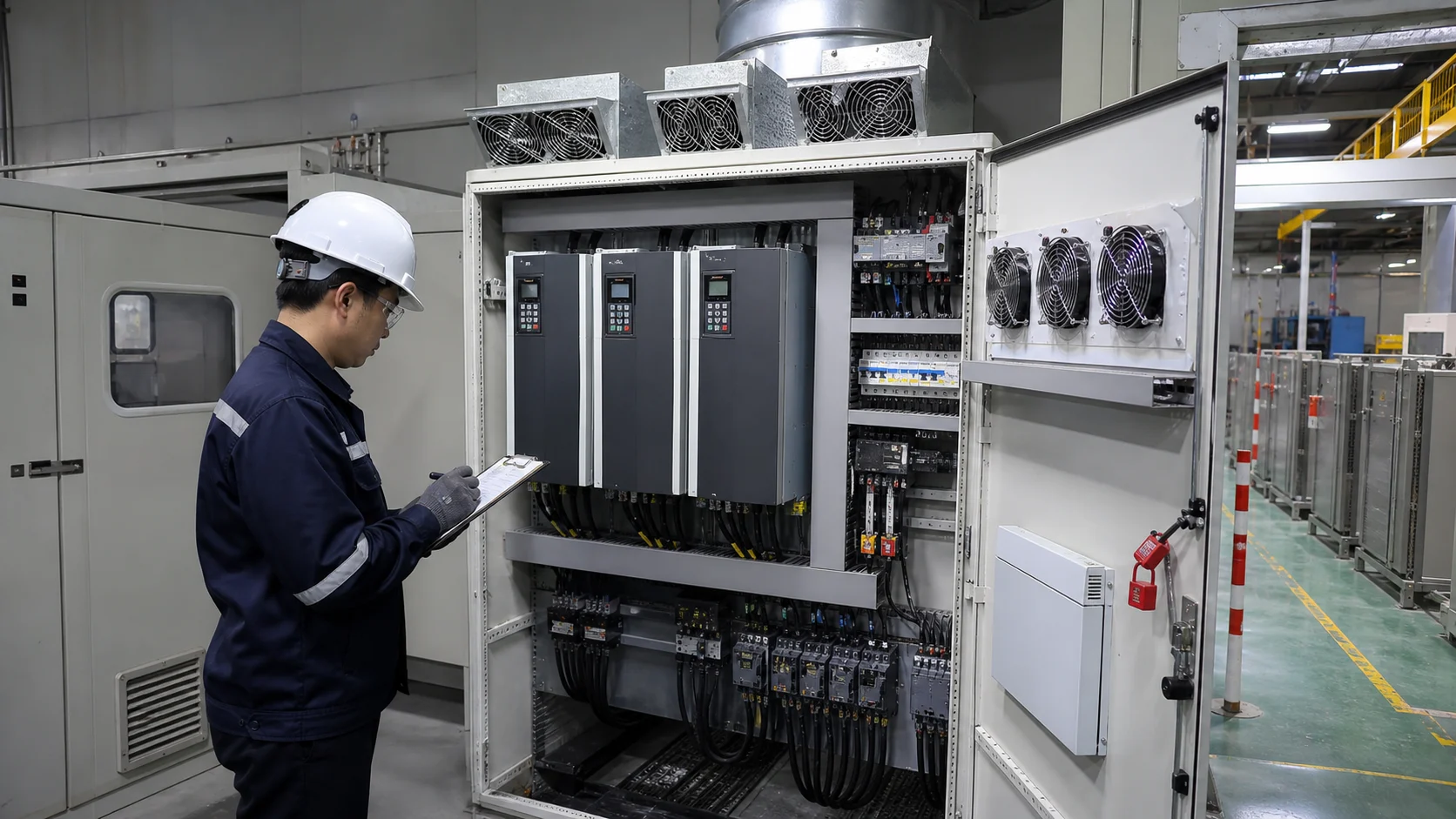 Tủ điện hoàn thiện với khoảng cách biến tần và hệ thống quạt lọc hợp lý.