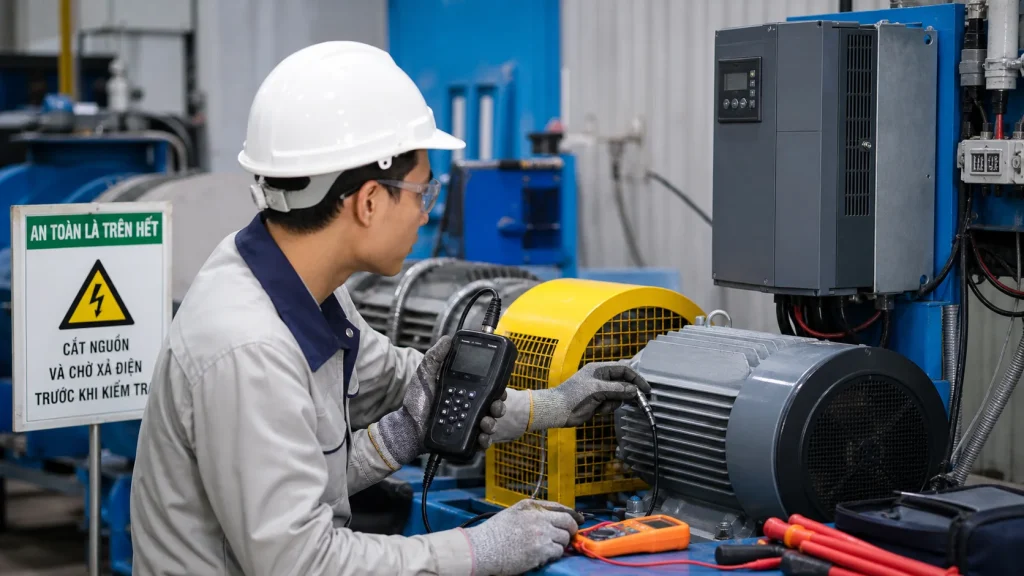 Kỹ thuật viên đo rung trên động cơ chạy bằng biến tần