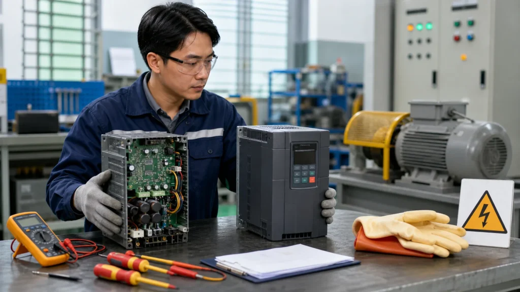 Kỹ thuật viên đánh giá biến tần cũ để quyết định sửa chữa hoặc thay mới