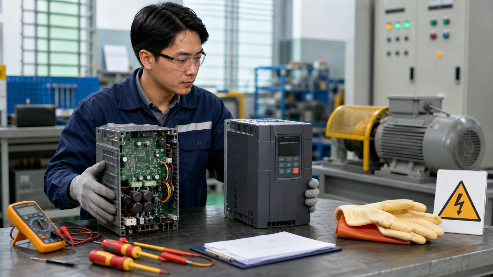 Kỹ thuật viên đánh giá biến tần cũ để quyết định sửa chữa hoặc thay mới