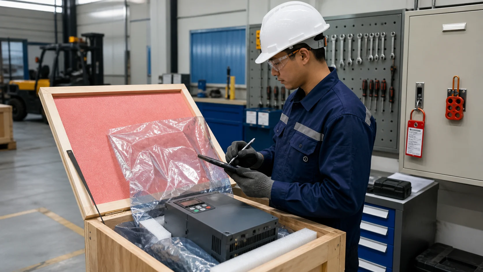 Tiếp nhận, mở kiện và đối chiếu tình trạng biến tần tại xưởng.