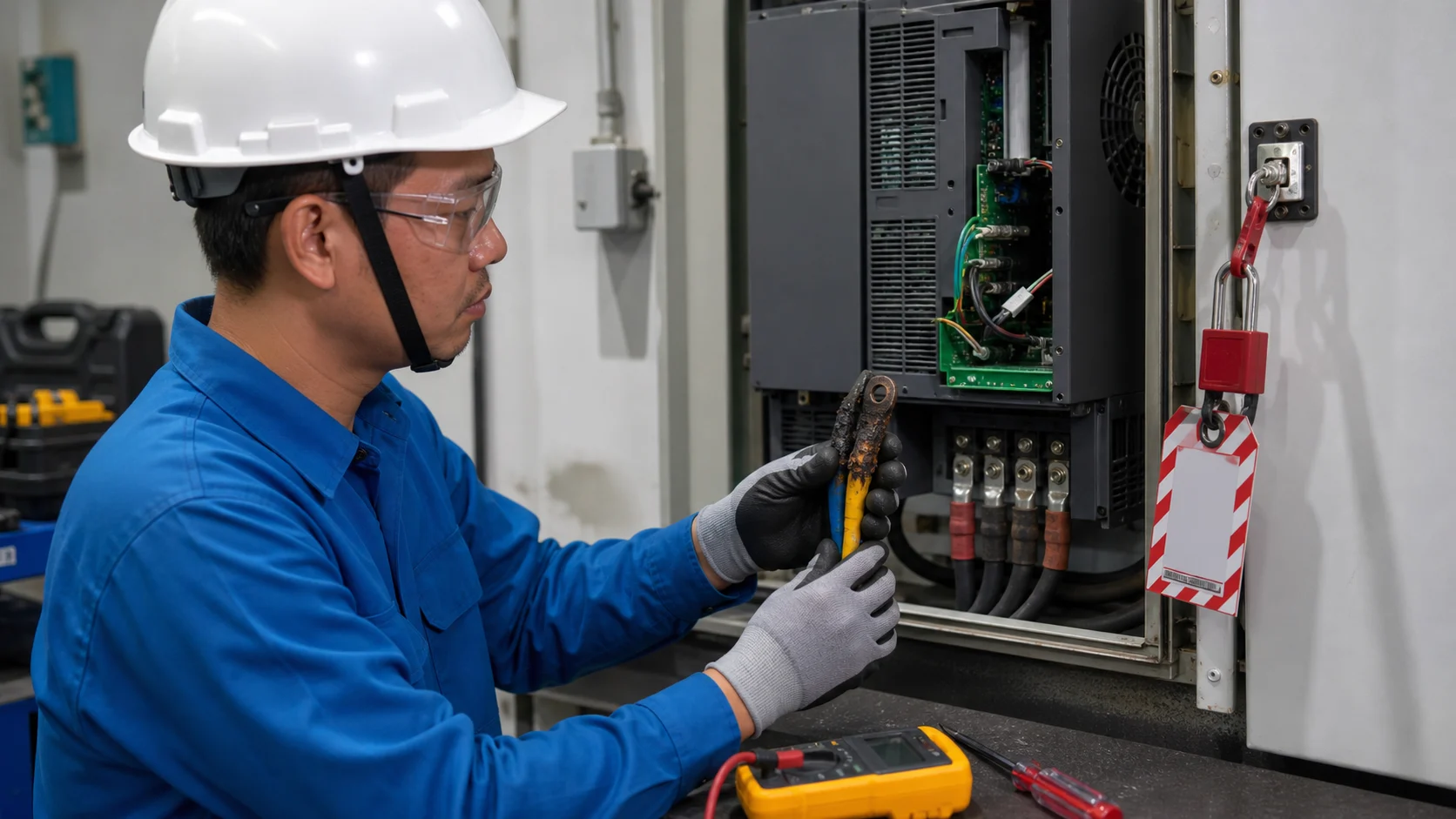 Kỹ thuật viên kiểm tra nguyên nhân trước khi thực hiện thao tác reset biến tần.