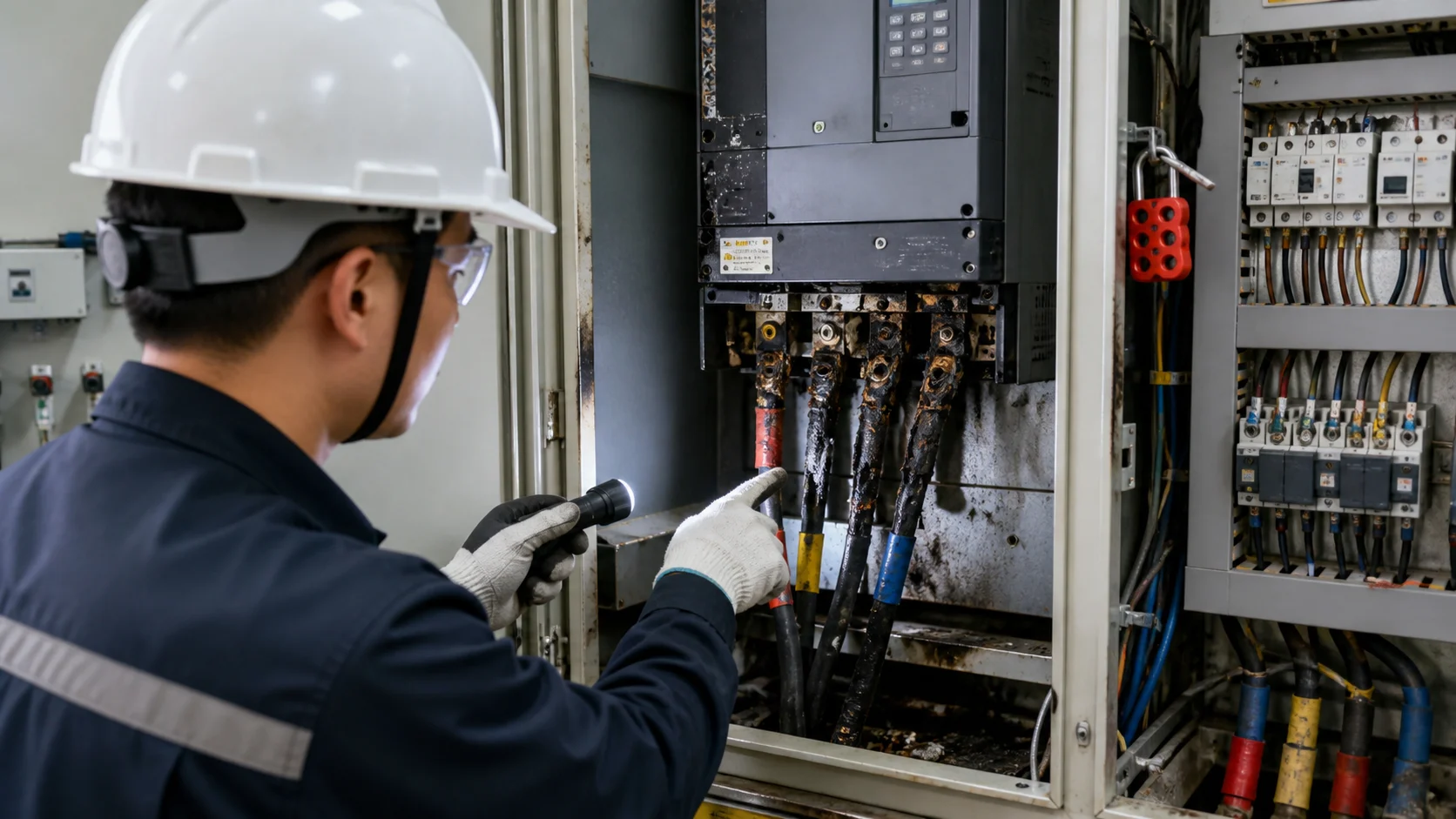 Đầu nối công suất cháy hỏng do tiếp tục reset khi chưa loại trừ nguyên nhân.