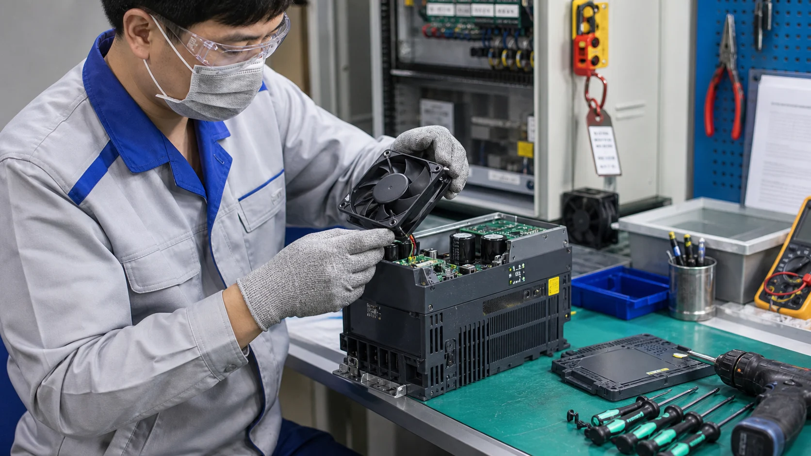 Lắp linh kiện thay thế và hoàn thiện biến tần trên bàn thao tác chống tĩnh điện.