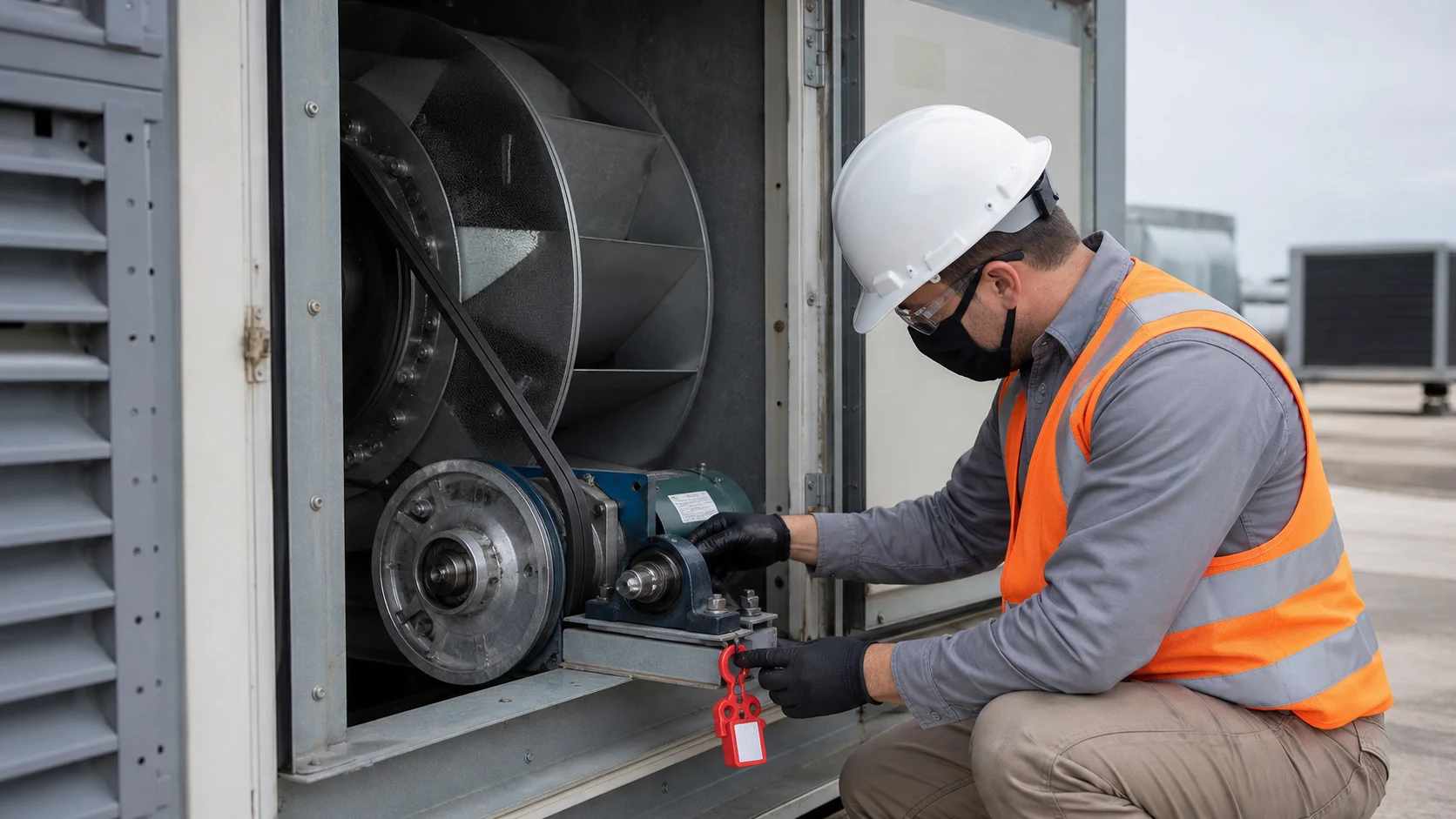 Kiểm tra quạt, dây đai, ổ bi và cánh chỉnh gió HVAC
