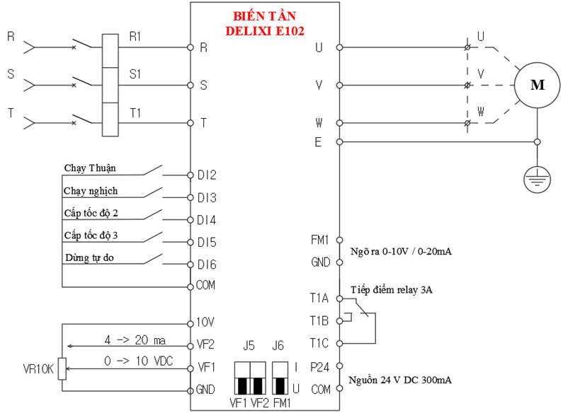 Sơ đồ đấu dây biến tần Delixi CDI-E102