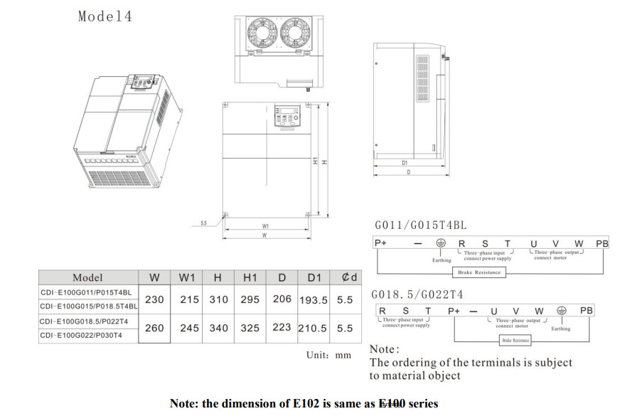 Kích thước lắp đặt Biến tần CDI-E102G011/P015T4BL 3 phase 380V (11/15KW)