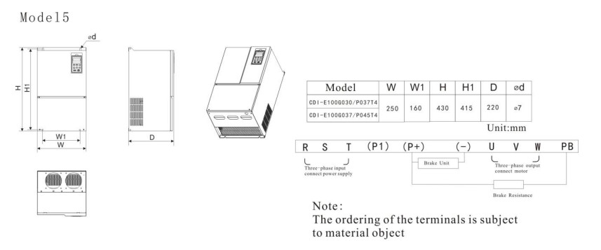 Kích thước lắp đặt Biến tần CDI-E102G030/P037T4 3 phase 380V (30/37KW)